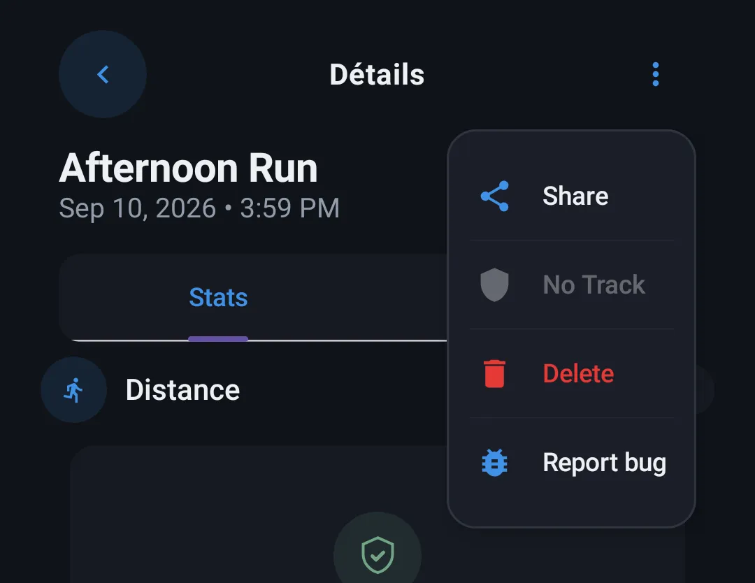 Actions menu open, e.g. Share / No Track / Delete