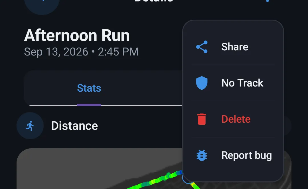Share / No Track / Delete actions menu