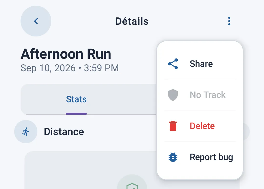 Actions menu open, e.g. Share / No Track / Delete