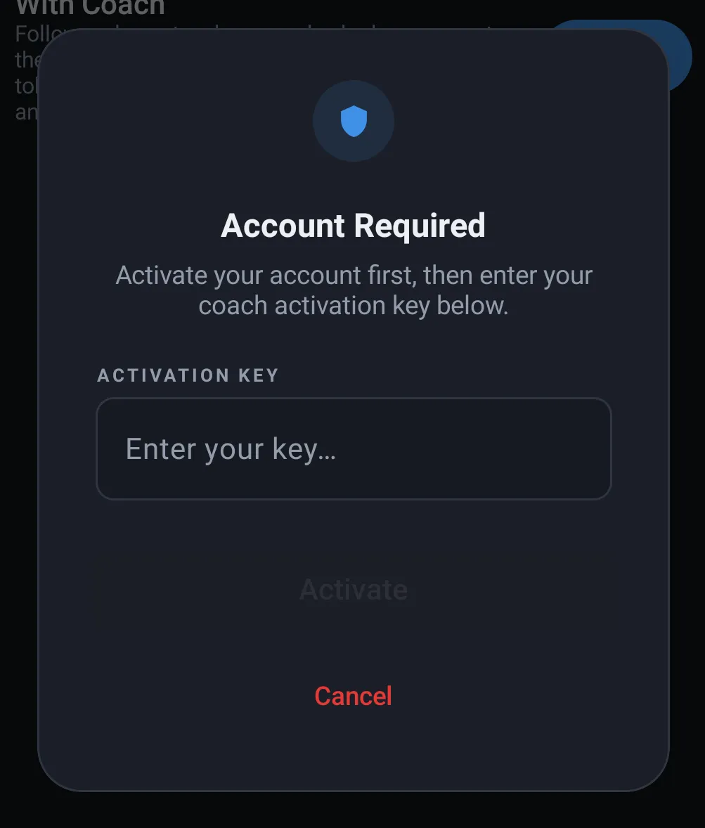 Activation token entry screen