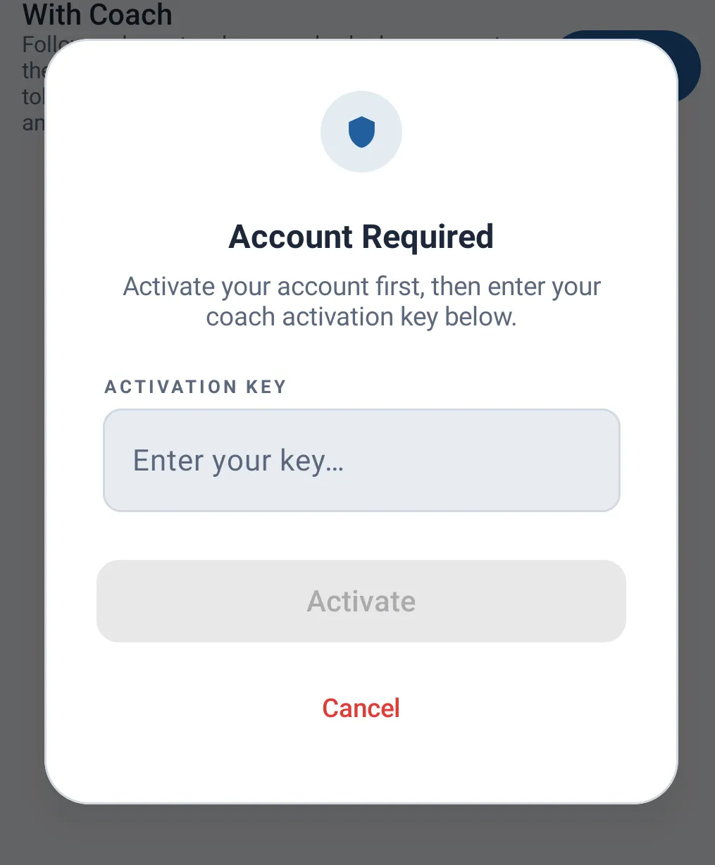 Activation token entry screen