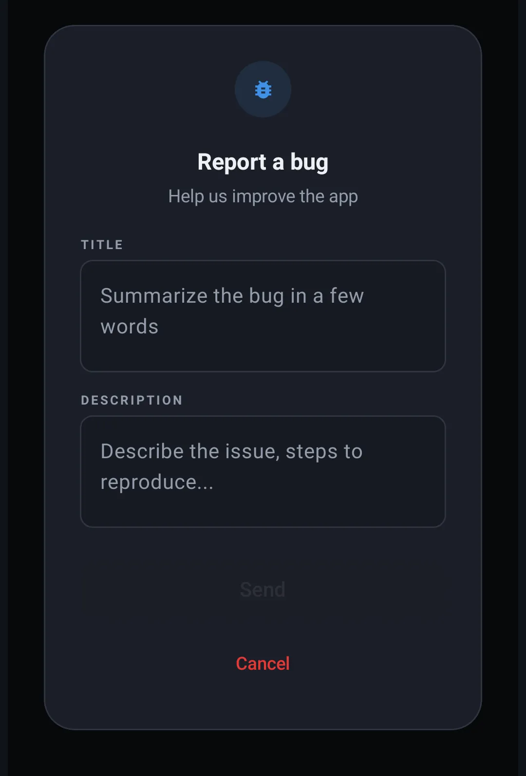 "Report bug" option in the menu